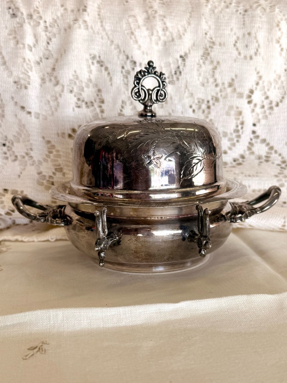 Antique Victorian Quadruple Plate Round Butter Dish
